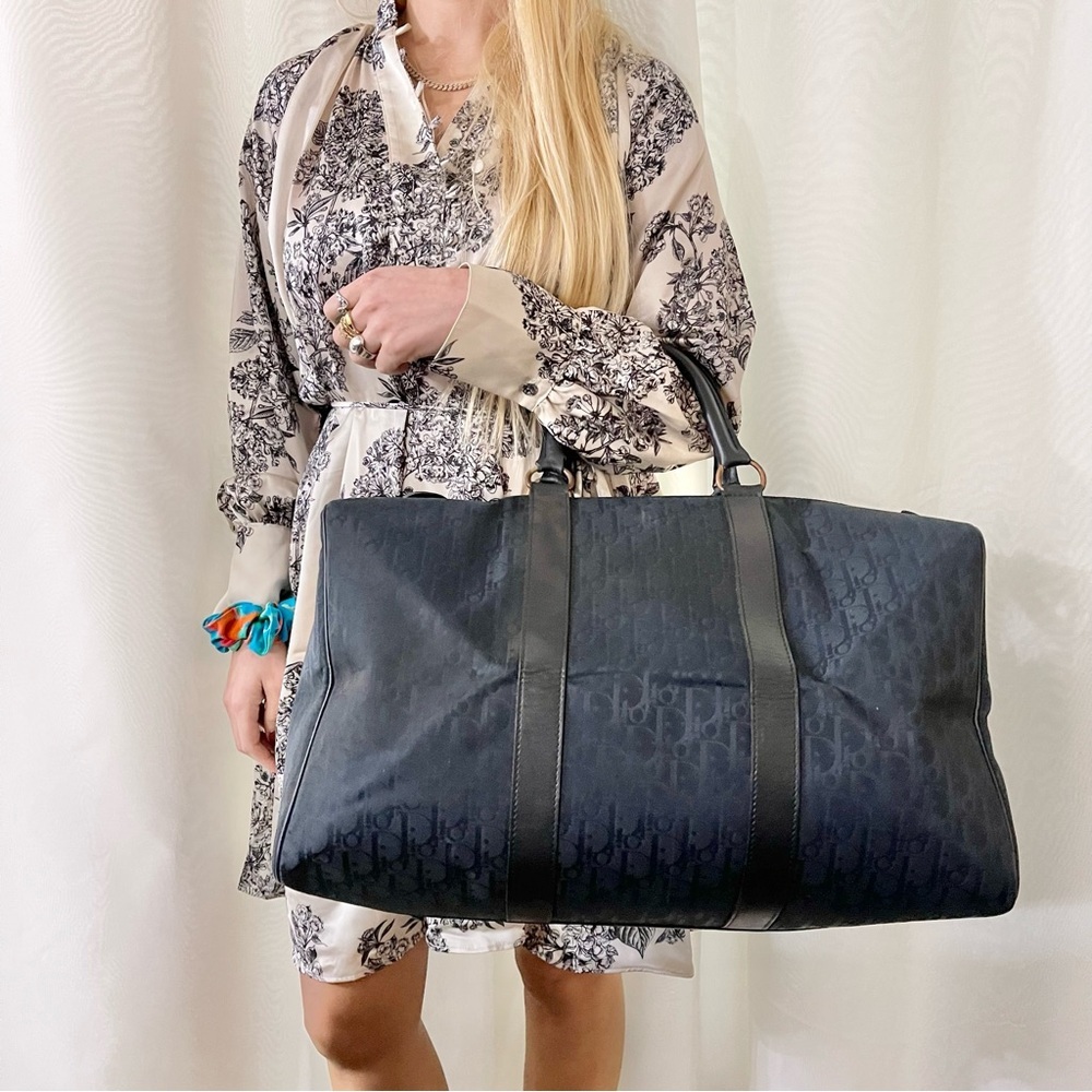Vintage Christian Dior Navy Monogram Boston Duffle Weekender Bag Rare
